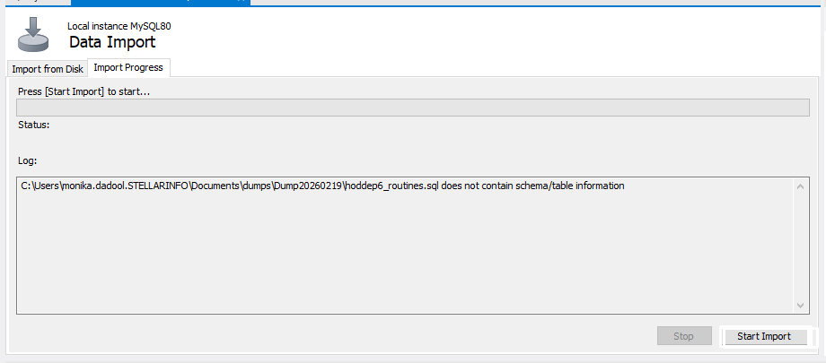 Click Start Import in MySQL WorkBench